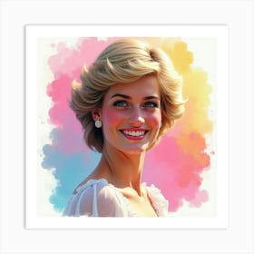 Princess Diana Smiling, Soft Watercolor Backdrop Of Vivid Rainbow Shades 1 Art Print