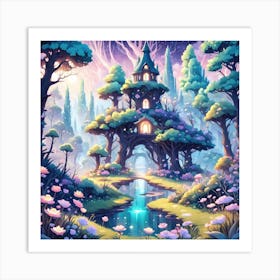 A Fantasy Forest With Twinkling Stars In Pastel Tone Square Composition 169 Art Print