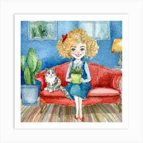 Watercolor Girl With Cat Art Print