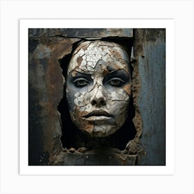 Portrait Of A Face Weathered And Worn By Time With Prominent Cracks Spots And Textured Chips Em 1 Art Print