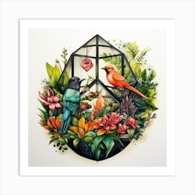 Tropical Birds In A Glass Terrarium Art Print