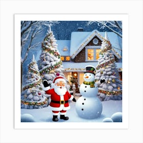 Santa Claus And Snowman Art Print