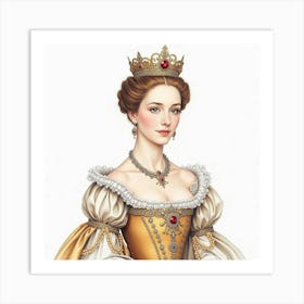 Graceful Watercolor Of Queen Elizabeth I, Ornate Headdress, Elegant Pose 1 Art Print