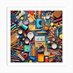 Colorful School Supplies On A Blue Background Art Print