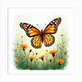 Beautiful Monarch With Watercolor Lush Meadow 1 Art Print