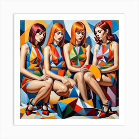 Retro Girl Band Cubism Style Art Print