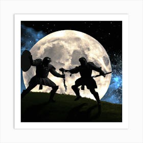 Two Knights Fighting In Front Of The Moon Art Print