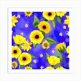 Sunflowers On Blue Background 1 Art Print