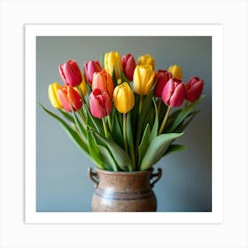 A Bunch Of Colorful Tulips Arranged In A Rustic Vase 1 Art Print