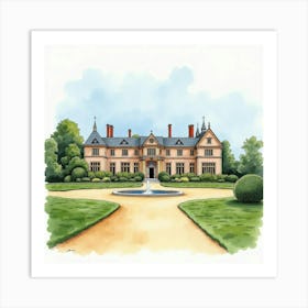 Watercolor Scene Of The Waddesdon Manor In Buckinghamshire, Featuring Its Grand Design And Picturesque Landscape Art Print