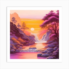River Sunset Painting Scenery Beautiful Trees Mountain Afternoon Morning Landscape Vintage Retro Colorful Art Print