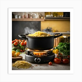 A Pot Of Boiling Pasta On A Stove In The Middle Of (2) 1 Art Print