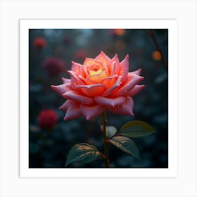 A Mythical Rose With Petals Of Glowing, Fractal Ribbons Blooming In A Magical Garden Art Print