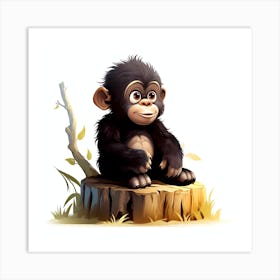 Cute Chimpanzee Sitting On Stump Art Print