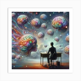 Man At Desk With Brains Art Print