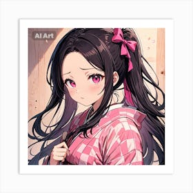 A girl having pink eyes and black hair, wearing a pink kimono and a pink ribbon on her hair. Art Print