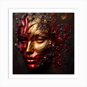 Portrait Of An Abstract Woman's Face - An Embossed Artwork With Blood Red, and Golden Colors On Charcoal Background, In Metal Work. Art Print