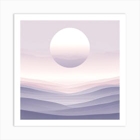 Title: "Lavender Dusk: The Serenity of the Waning Day"  Description: "Lavender Dusk" is a minimalist depiction of a tranquil landscape bathed in the soft glow of the setting sun. The piece is composed of layered hills that create a rhythmic pattern, leading the eye to the luminous full moon or sun that dominates the canvas with its peaceful presence. The pastel color palette, featuring shades of lavender, pink, and subtle blues, exudes calm and reflects the quiet beauty of twilight. This artwork's simplicity and the harmony of its colors convey a sense of stillness and contemplation, making it a soothing addition to any space that seeks to capture the reflective mood of dusk's gentle descent. Art Print