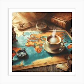 Adventure Awaits Coffee Lover Wall Print Art An Inspiring Scene Combining The Love For Coffee And Travel, Perfect For Adding A Sense Of Wanderlust And Excitement To Any Space Art Print