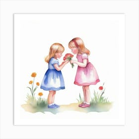 Two Little Girls Holding Flowers Art Print