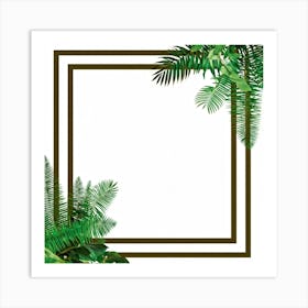 A Tropical Floral Decoration Showcasing A Square Frame Of A Stylized Tree Branch And Ferns Composit (4) Art Print