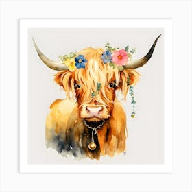 Highland Cow With Flowers Art Print