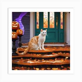 Halloween Cat On Front Porch 2 Art Print