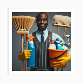 Janitor Holding Cleaning Supplies Art Print