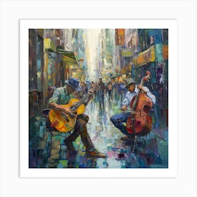 Two Musicians In The Rain Art Print