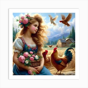 Girl With Chickens Art Print