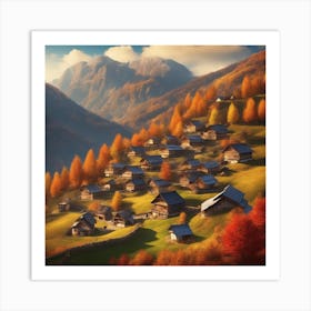 Autumn Village In The Mountains Art Print