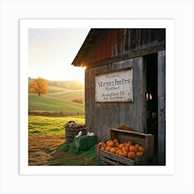 A Rustic Barn With A Weathered Wooden Sign Lean Against It Rolling Hills In The Background Transiti (2) 1 Art Print