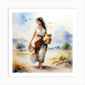 Watercolor Of A Woman Carrying Water Art Print