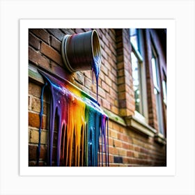 A metal bucket with colorful paint dripping down a brick wall. Art Print