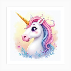 Radiant Unicorn With A Golden Horn, Watercolor 1 Art Print