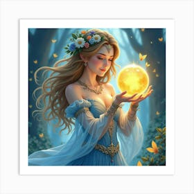 Beautiful Enchantress With A Glowing Orb, Watercolor 1 Art Print