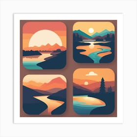 Craft An Easily Identifiable Flat Icon Logo Featuring A Valley A Tranquil River And A Warm Inviti 480806406 Art Print