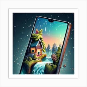 A smartphone whose screen displays a miniature view of a waterfall. Art Print