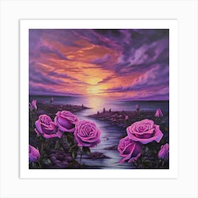 Oil On Canvas Close Up Reincarnation Of Ashes Water Purple Roses Cloudy Sky And Sunset Surreal (2) Art Print