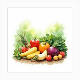 Graceful Watercolor Composition Of Fresh Veggies And Fruits With A Dreamy Backdrop 1 Art Print