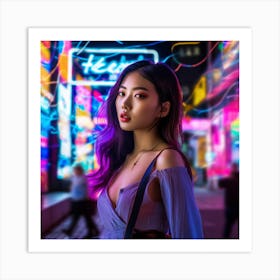 Asian Girl In Neon Lights Art Print