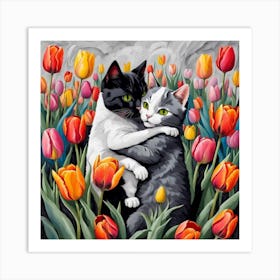 Two Cats Hugging Tulips Art Print