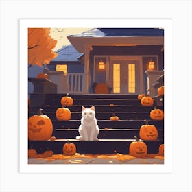 Halloween Cat Sitting On Steps Art Print