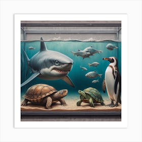 Penguins And Sharks 2 Art Print