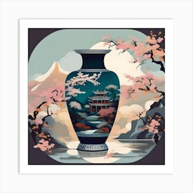 Flower Vase Decorated with Chinese Landscape, Turquoise, Brown, Red and Pink Art Print