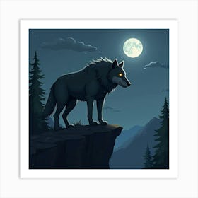 A Giant Wolf With Glowing Eyes Standing On A Cliff Edge 1 Art Print