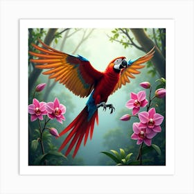 Macaw Flying By Blooming Orchids 1 Art Print