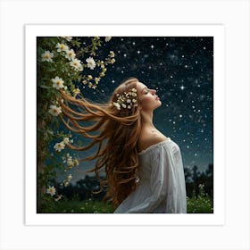 Beautiful Young Woman With Long Hair In The Garden At Night Art Print