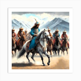 Mongolian Horse Riders By Mountains Color Drawing Art Print