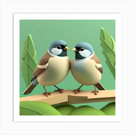 Firefly A Modern Illustration Of 2 Beautiful Sparrows Together In Neutral Colors Of Taupe, Gray, Tan (56) Art Print